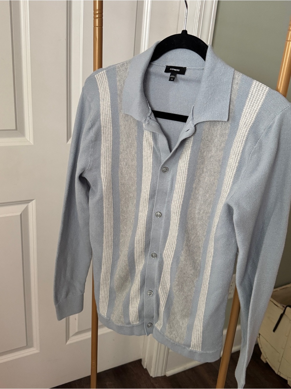 Express Light Blue and White Striped Cardigan Sweater